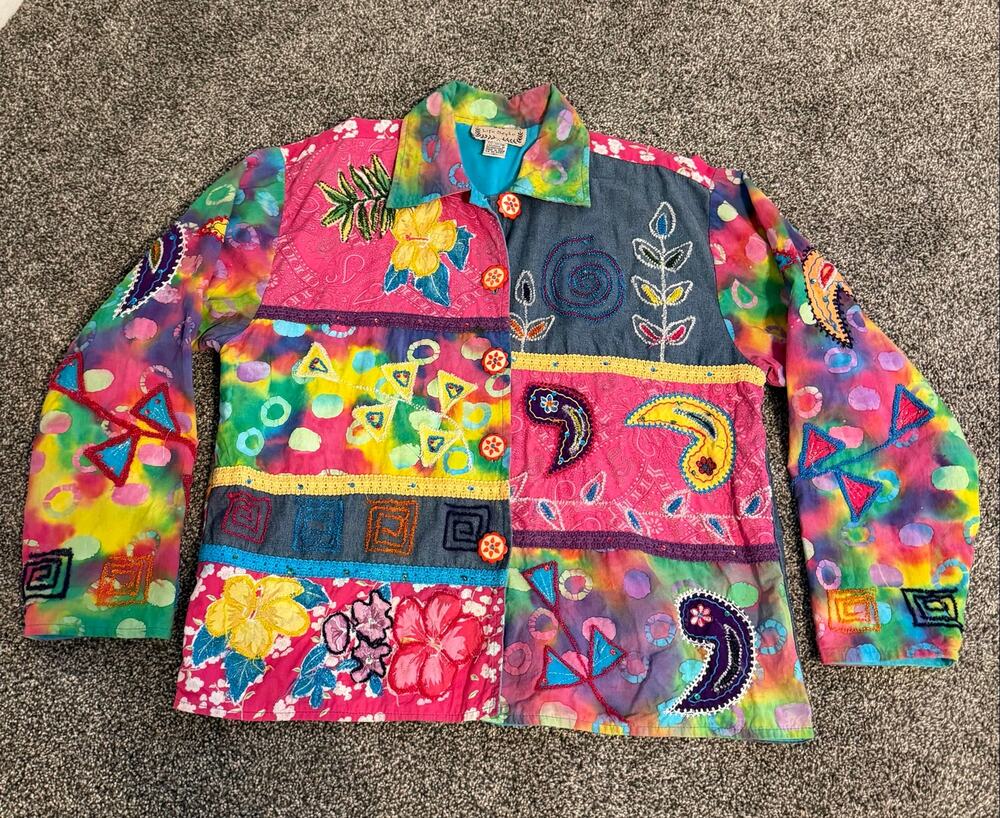 Life Style Vtg Patchwork and Embroidered Cotton  Button Jacket Hippie-